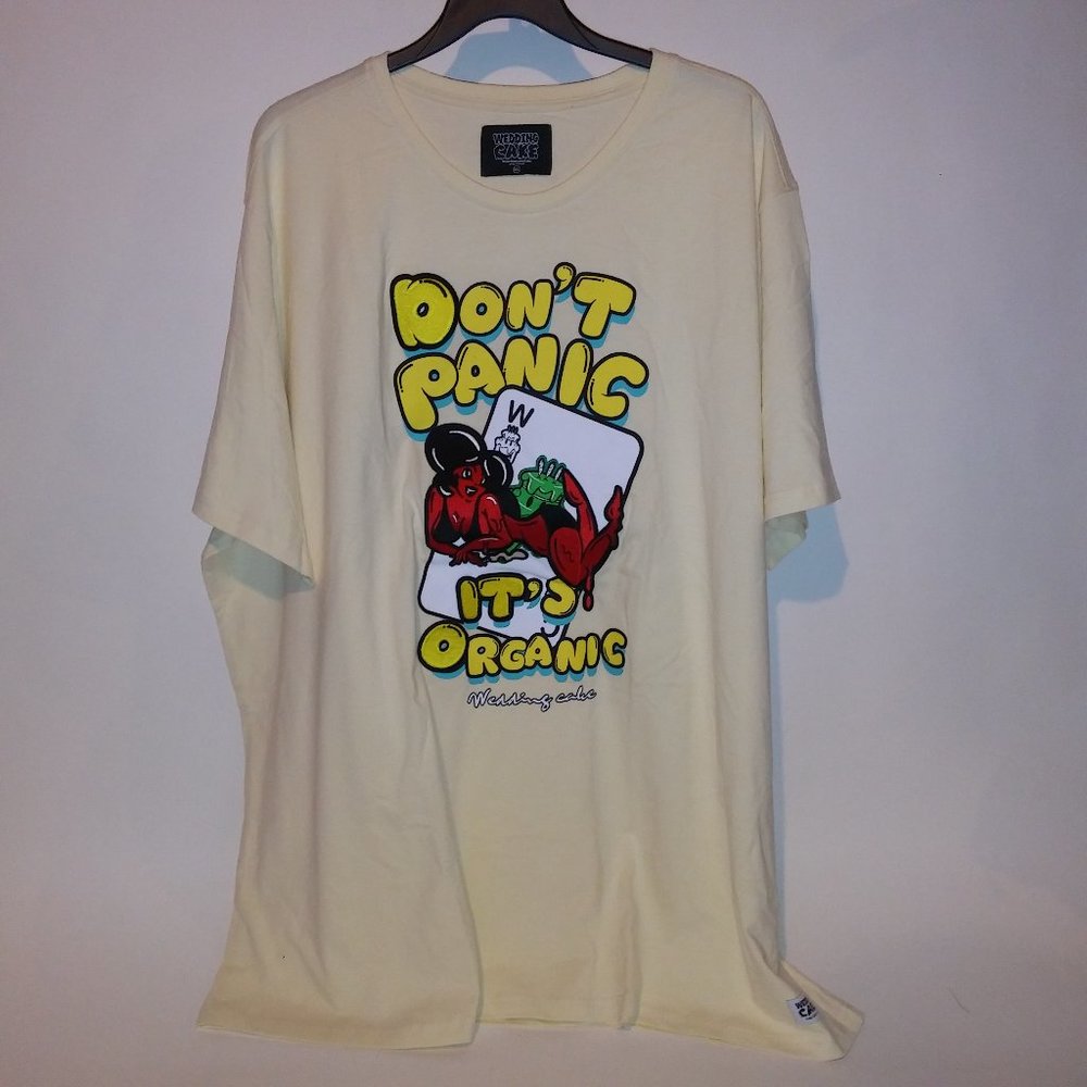 Wedding Cake Brand Mens T Shirt Cream Dont Panic its Organic Embroidered Graphic